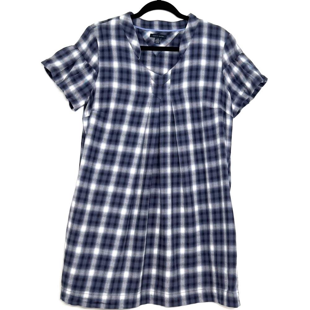 Tommy Hilfiger Blue Plaid Cotton Shift Dress L Pockets